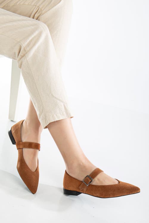 Forever & Always Shoes Willow Leather Mary Jane Flats In Cognac Suede Leather