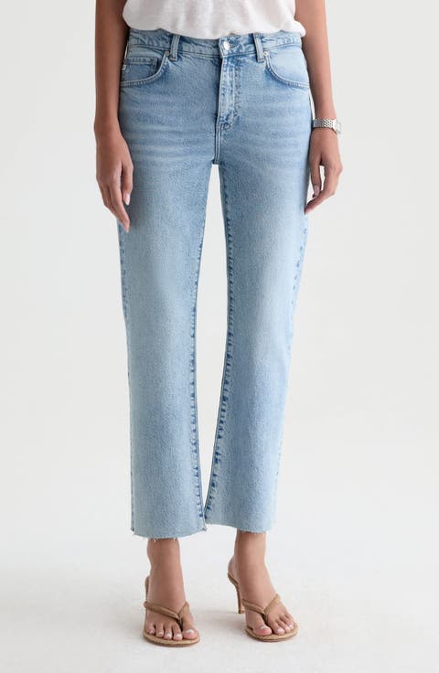 Brinley Raw Hem Mid Rise Ankle Straight Leg Jeans (Gold Country)