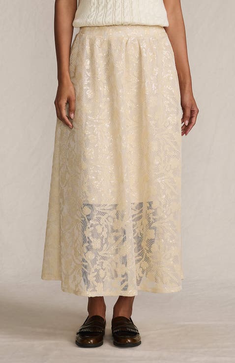 Sequin Lace Mid Rise Midi Skirt
