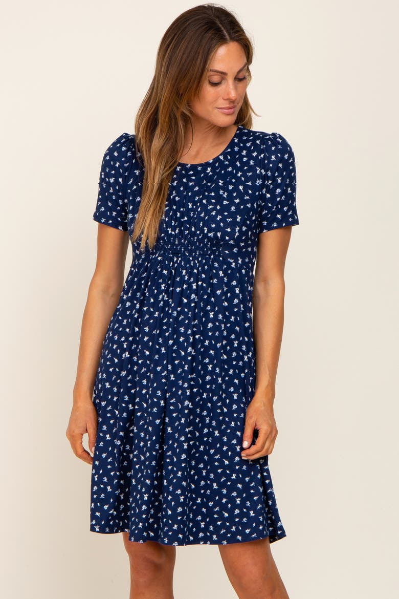 Floral Smocked Short Sleeve Dress, Alternate, color, Navy Blue