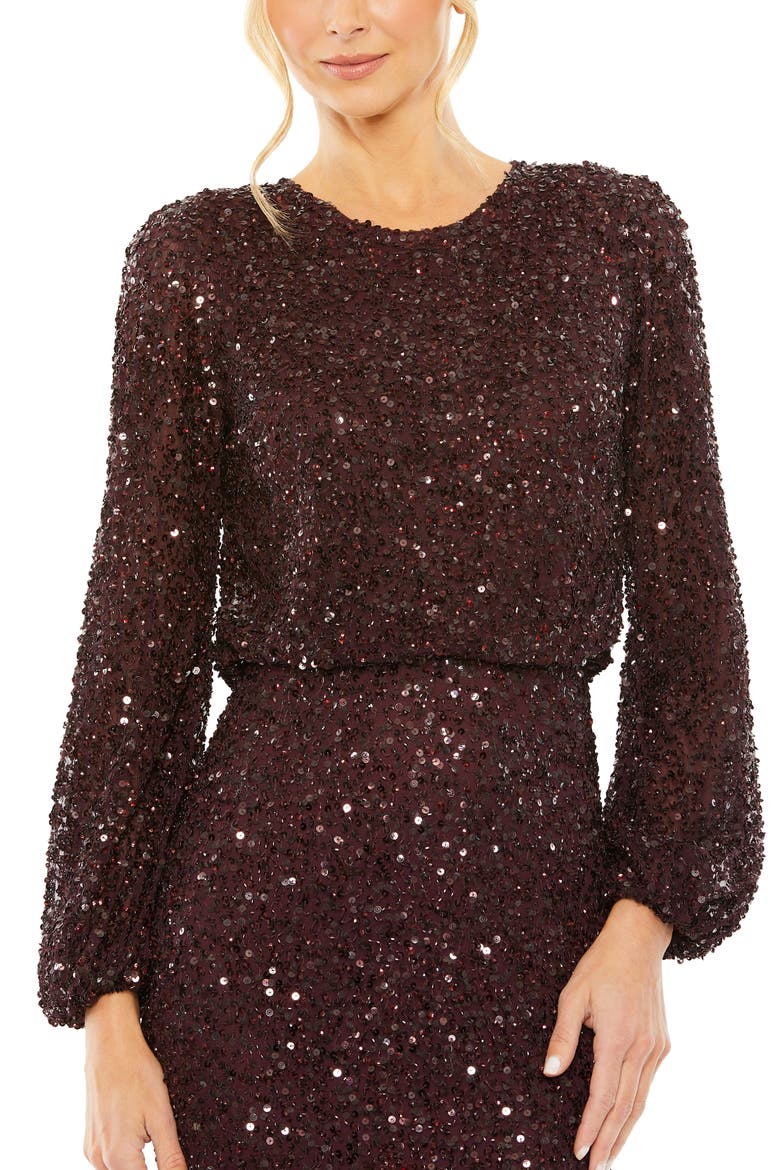 High Neck Long Sleeve Beaded Blouson Gown, Alternate, color, Blackberry