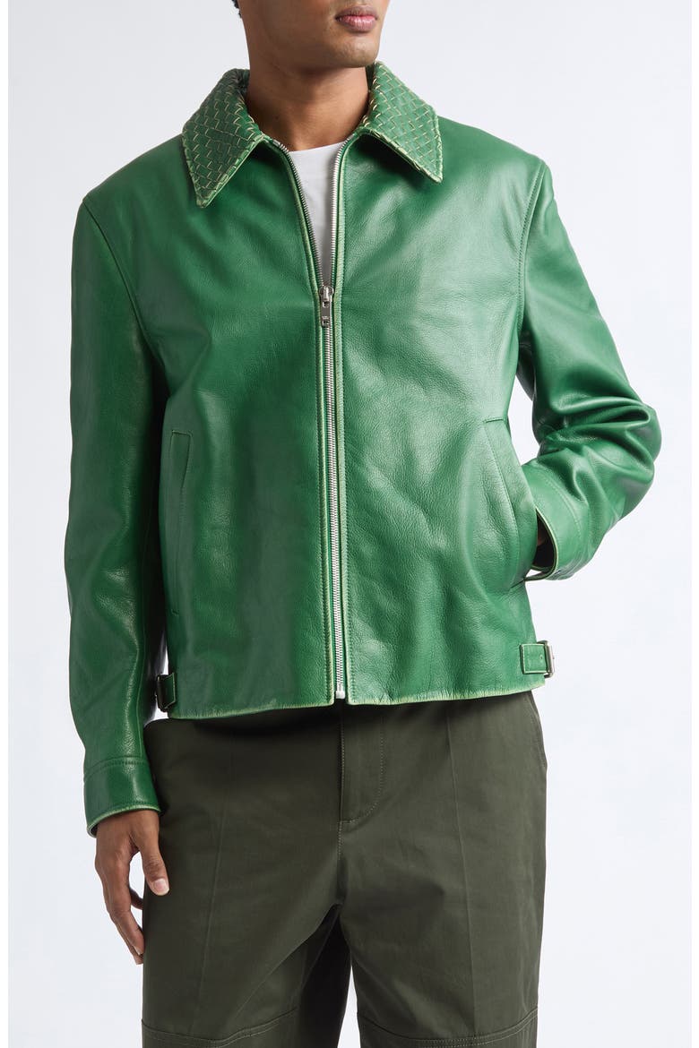 Vintage Effect Intrecciato Collar Leather Jacket, Main, color, 3086 MALACHITE
