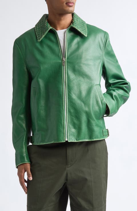 Vintage Effect Intrecciato Collar Leather Jacket