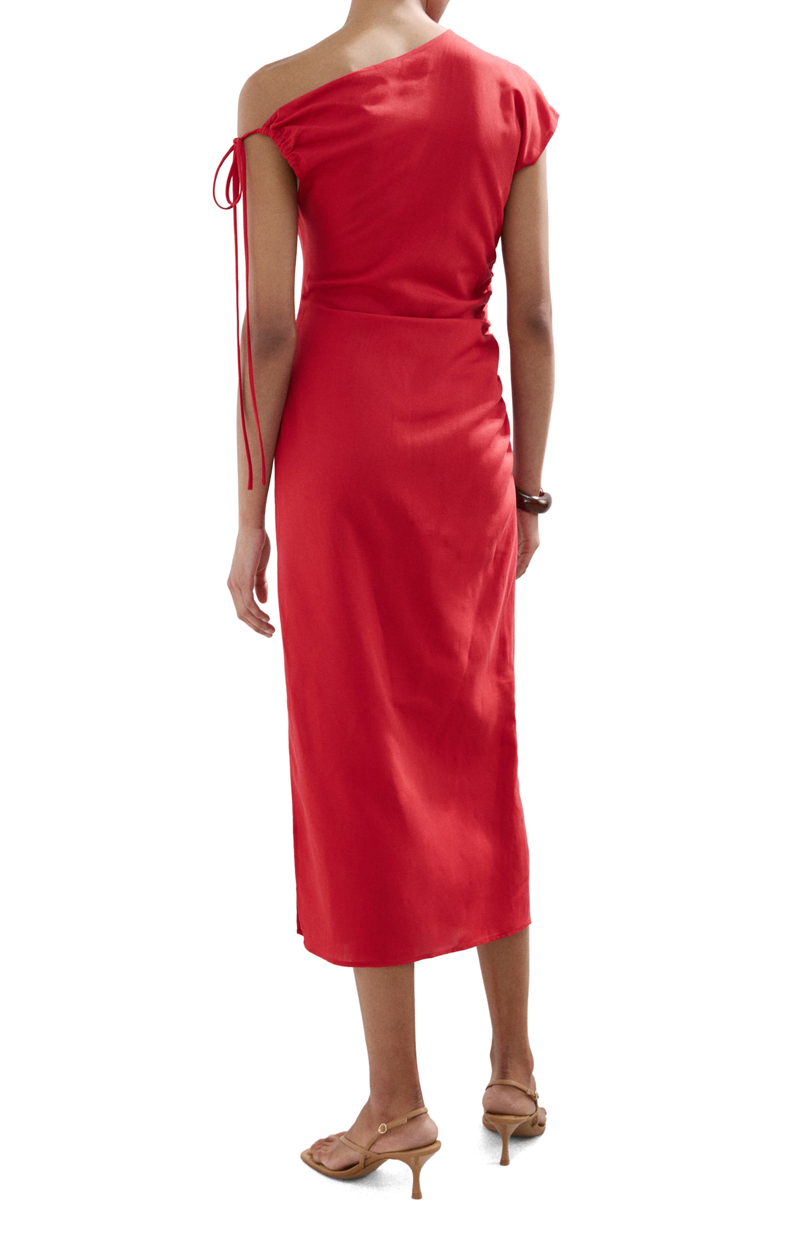 MANGO Side Ruched One-Shoulder Midi Dress (Women) | Nordstromrack