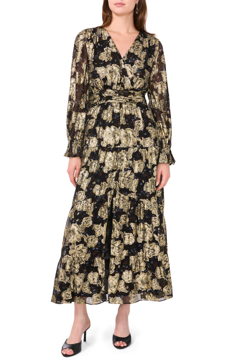 Halogen<sup>®</sup> Metallic Floral Long Sleeve Maxi Dress, Main, color, Rich Black