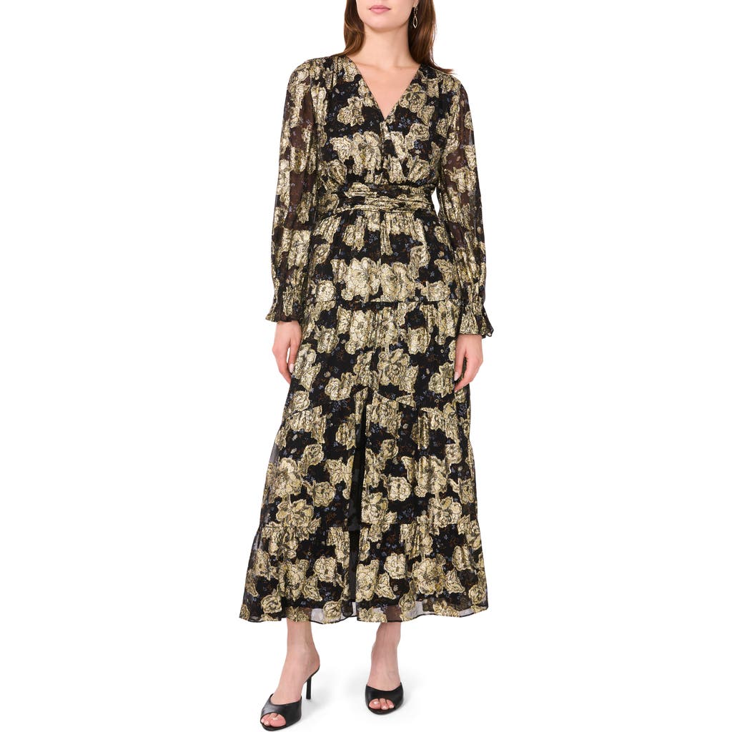 Halogenr Halogen(r) Metallic Floral Long Sleeve Maxi Dress In Rich Black