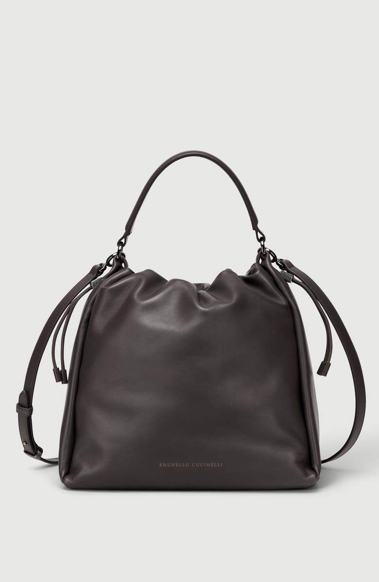 Brunello Cucinelli Soft leather Mellow Bucket bag, Alternate, color, Brown