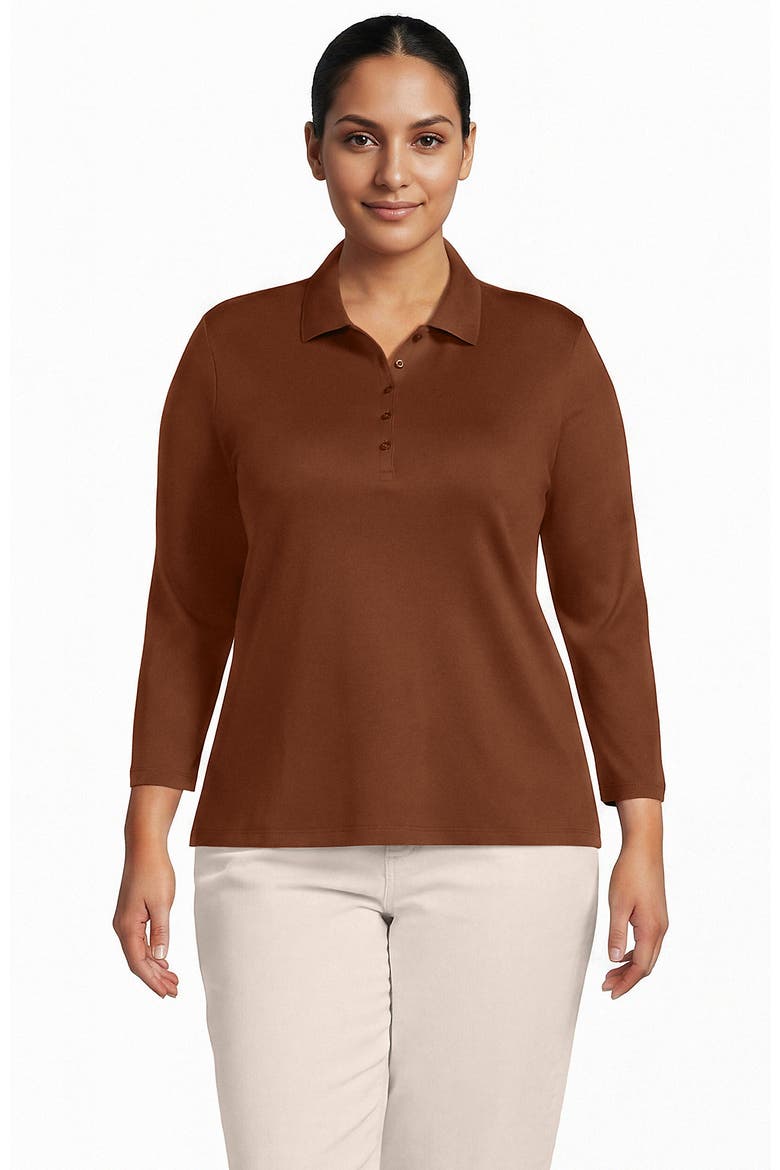 Plus Size Supima Cotton 3/4 Sleeve Polo Shirt, Main, color, Rich Ginger Brown