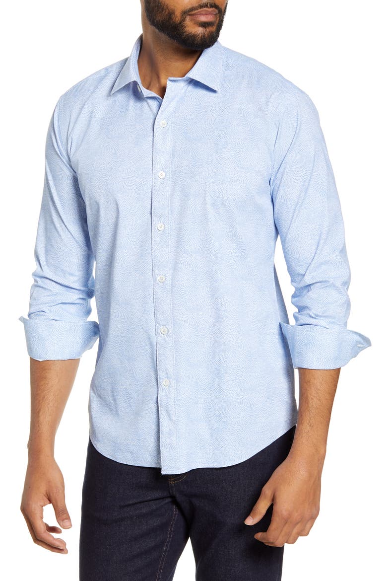 Shaped Fit Button-Up Performance Shirt, Main, color, SKY