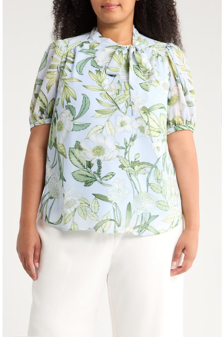 Serenade Tie Neck Top, Main, color, BLUE/ WHITE/ GREENS