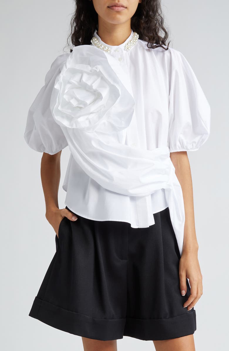 Simone Rocha Beaded Ruffle Puff Sleeve Cotton Button-Up Shirt, Main, color, 