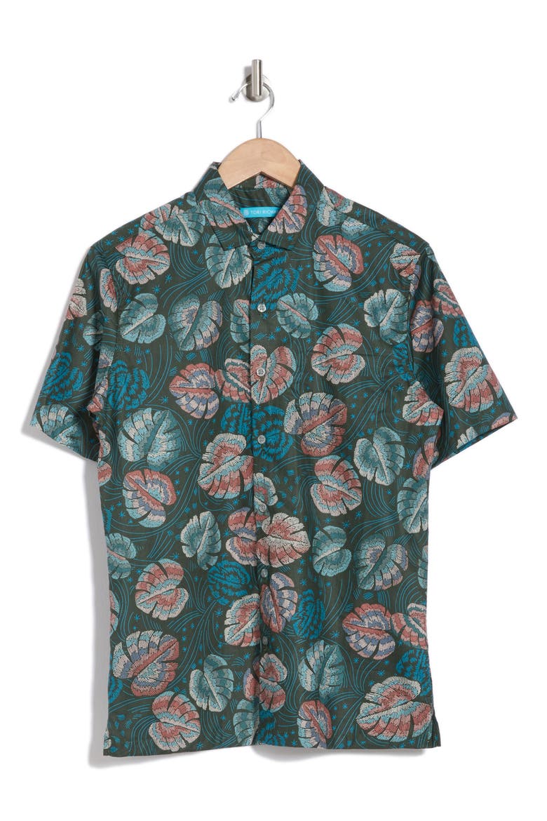 Monstellar Short Sleeve Cotton Button-Up Shirt, Alternate, color, GREEN