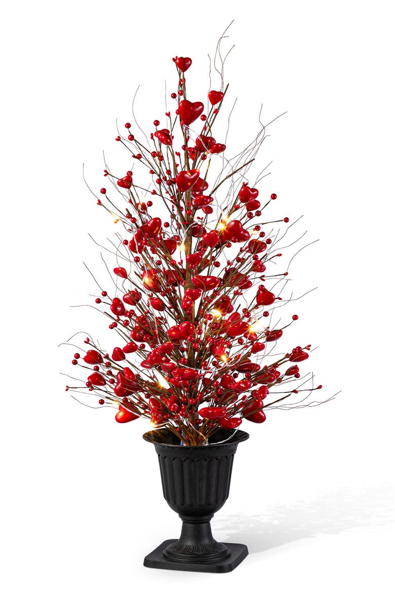 Glitzhome 36"H Valentine
s Lighted Red Berry Heart Urn Porch Tree with Timer, Main, color, 