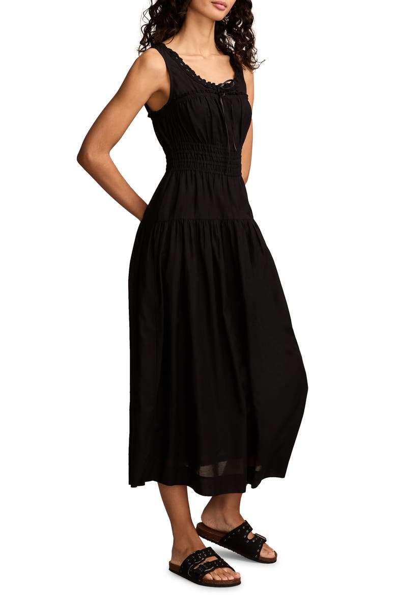 Lace Trim Sleeveless Smocked Poplin Midi Dress, Alternate, color, CAVIAR