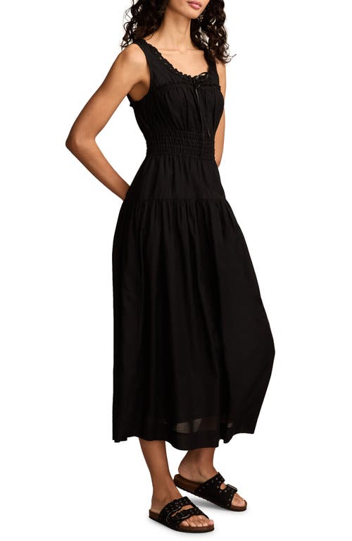LUCKY BRAND LUCKY BRAND LACE TRIM SLEEVELESS SMOCKED POPLIN MIDI DRESS
