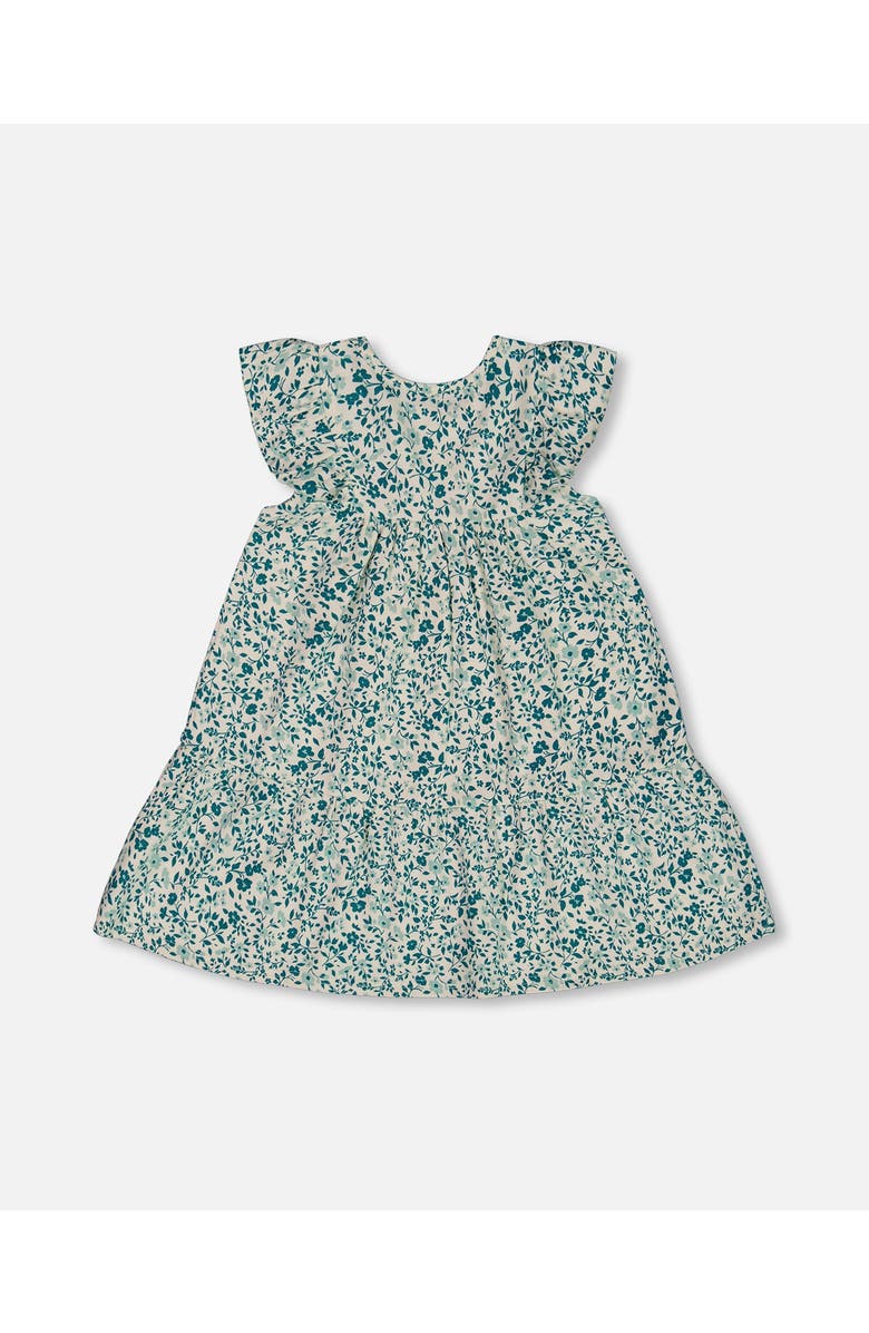 Deux par Deux Girl's Printed Organic Cotton Dress Small Turquoise Flowers, Alternate, color,