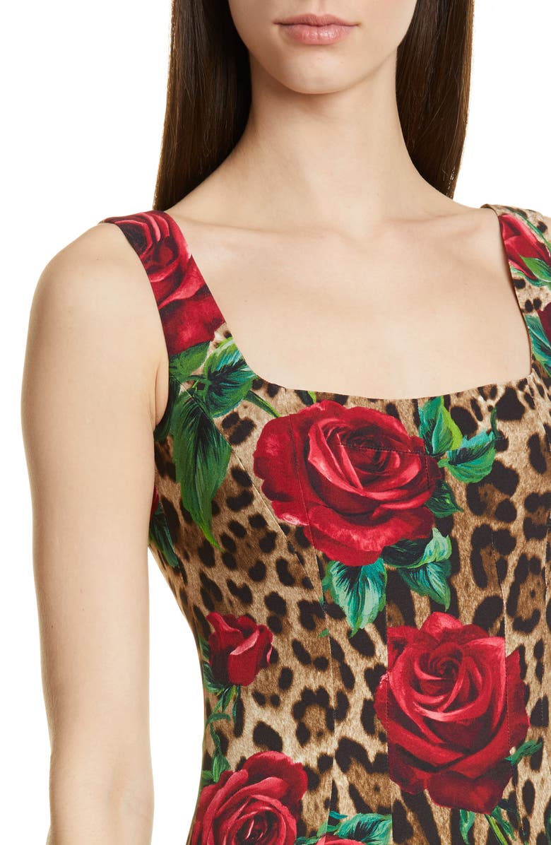 Dolce&Gabbana Embellished Rose & Leopard Print Cady Pencil Dress, Alternate, color,