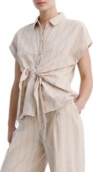 MANGO Pinstripe Tie Waist Linen & Cotton Shirt