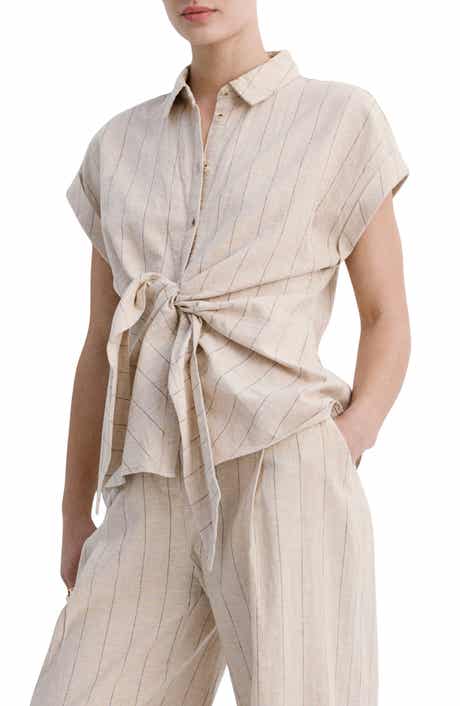 Pinstripe Tie Waist Linen & Cotton Shirt