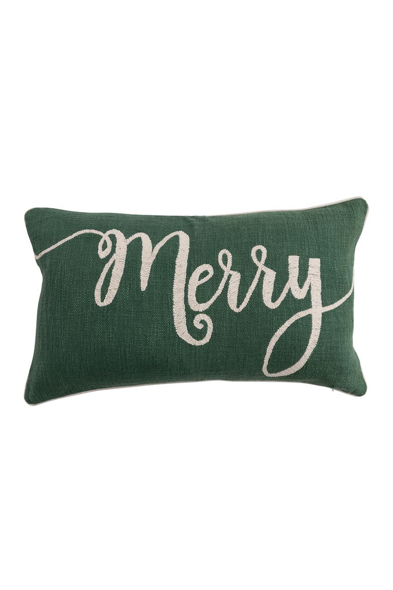 Cotton Slub Lumbar Pillow with Embroidered "Merry", Main, color, Green and Natural