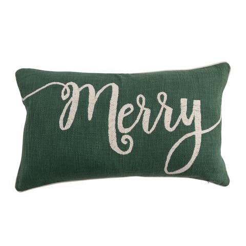 Cotton Slub Lumbar Pillow with Embroidered "Merry"