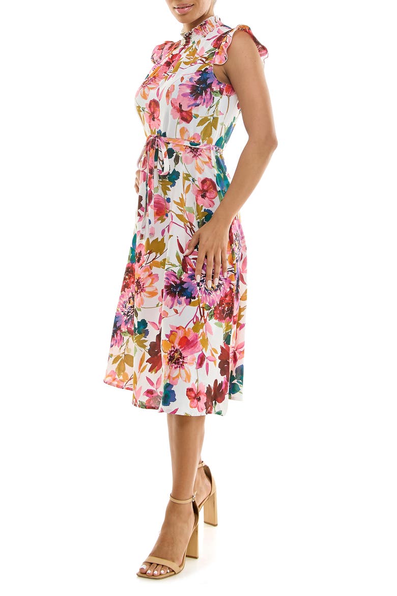 Smocked Neck Tie Waist Midi Dress, Alternate, color, IVORY MULTI