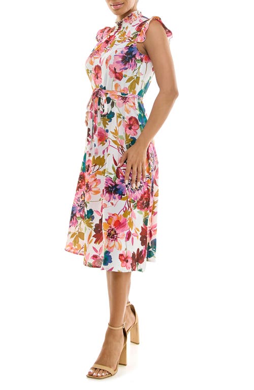 Nina Leonard Smocked Neck Tie Waist Midi Dress