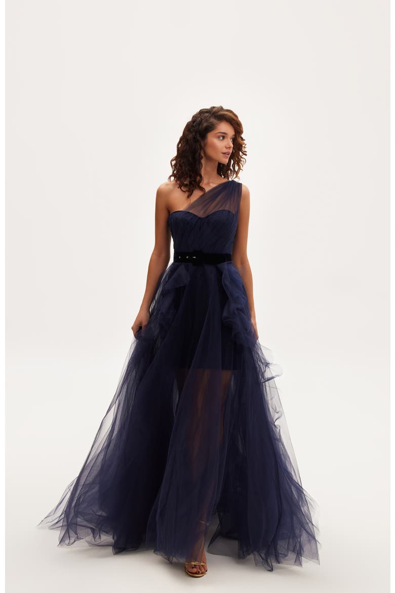 Royal Navy Tulle Gown With Detachable Sleeve, Alternate, color, Navy