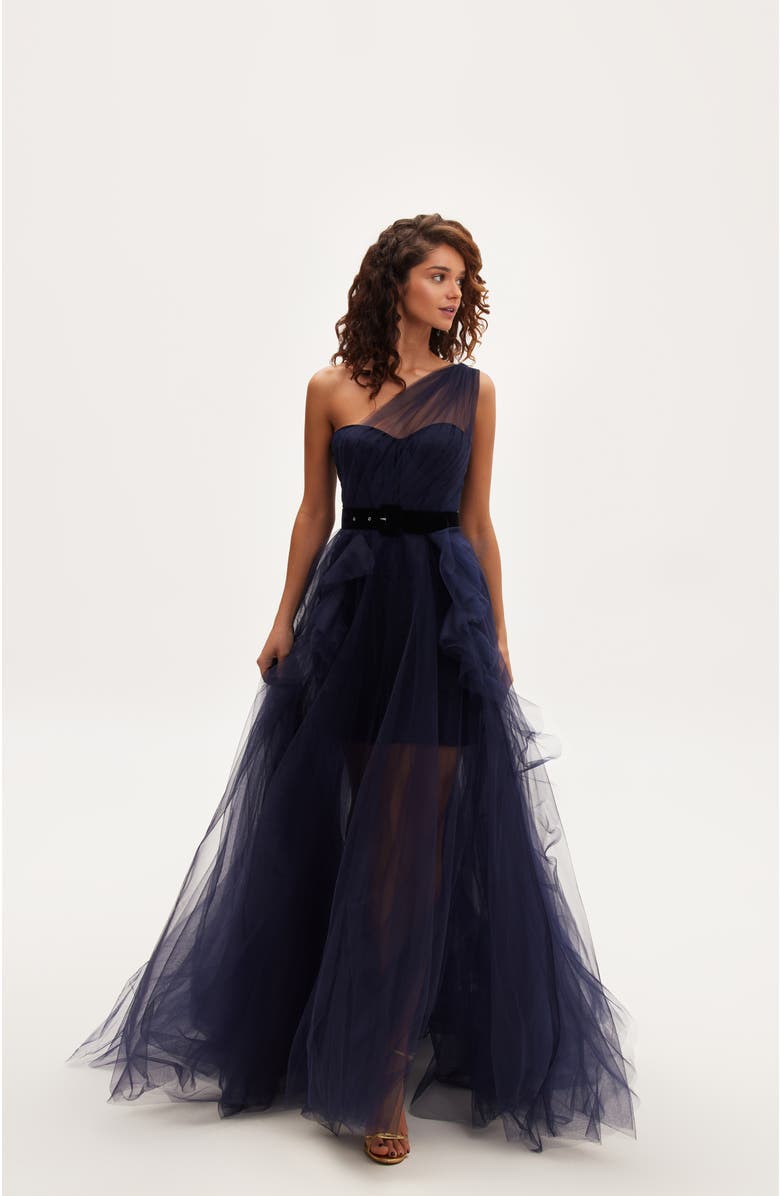 Milla Royal Navy Tulle Gown With Detachable Sleeve, Alternate, color,
