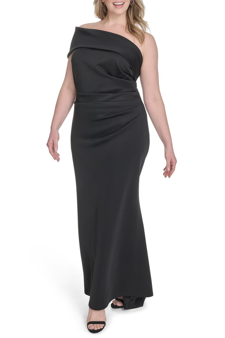 One-Shoulder Ruched Gown, Main, color, BLACK