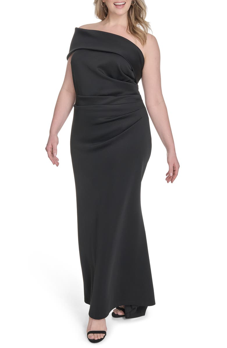 Eliza J One-Shoulder Ruched Gown, Main, color, Black