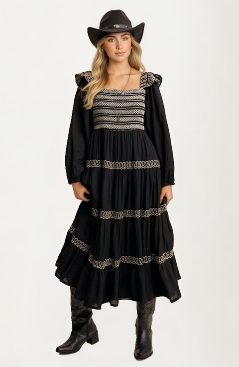 Smocked Bodice Tiered Maxi Dress with Embroidered Trim