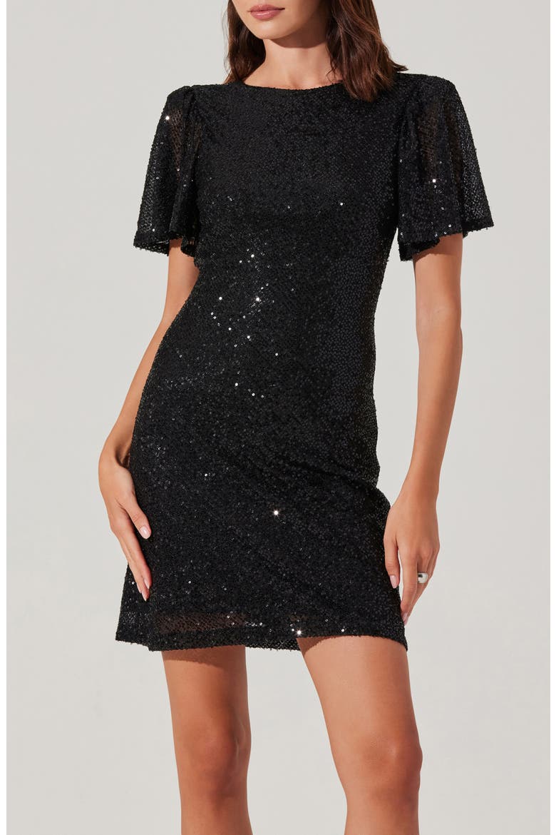 Sequin Flutter Sleeve Minidress, Alternate, color, BLACK