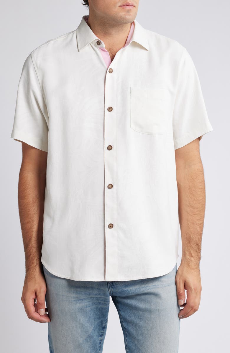 Tommy Bahama Surf the Yule Holiday Embroidered Short Sleeve Silk Button-Up Shirt, Main, color, 