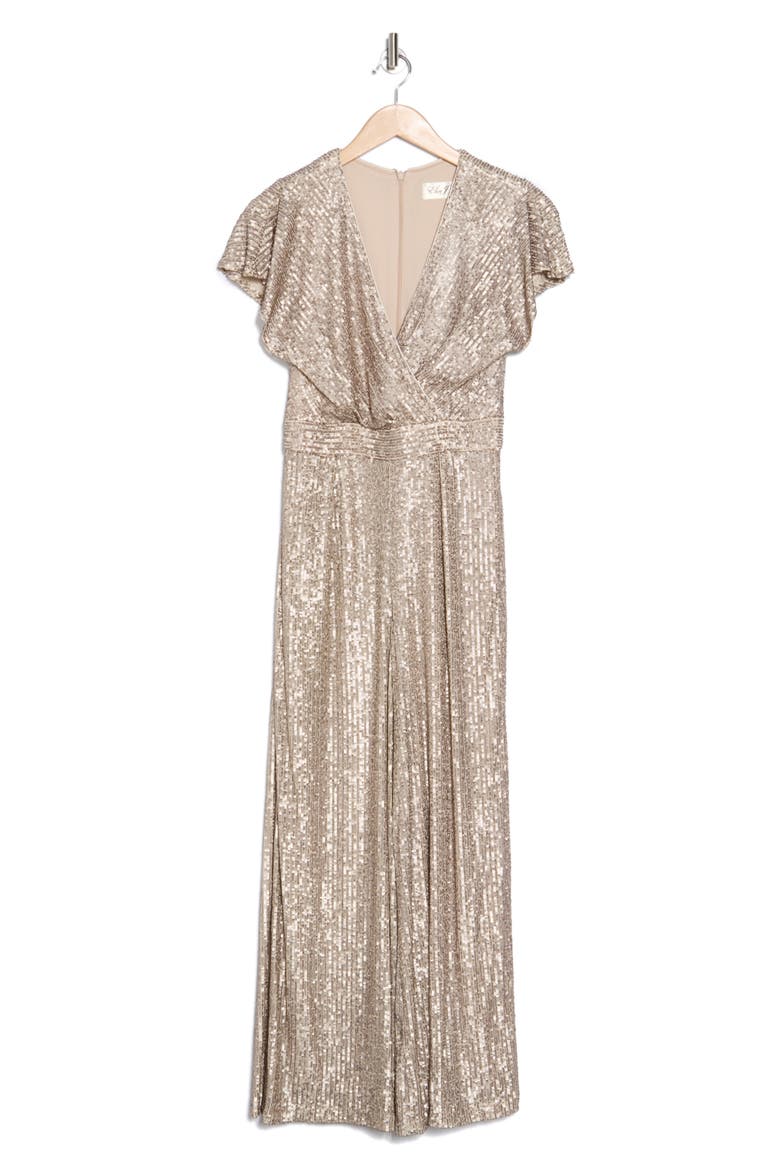 Sequin Flutter Sleeve Jumpsuit, Alternate, color, TAUPE