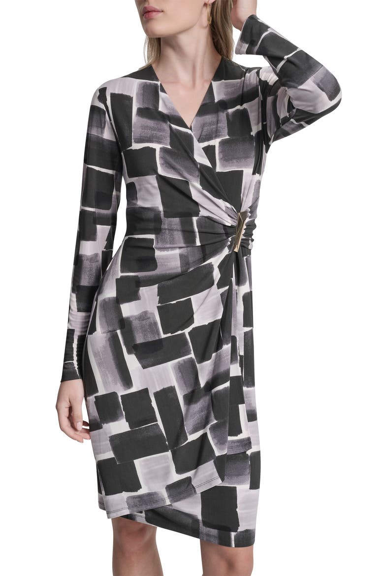 Long Sleeve Faux Wrap Dress, Alternate, color, BLACK MULTI
