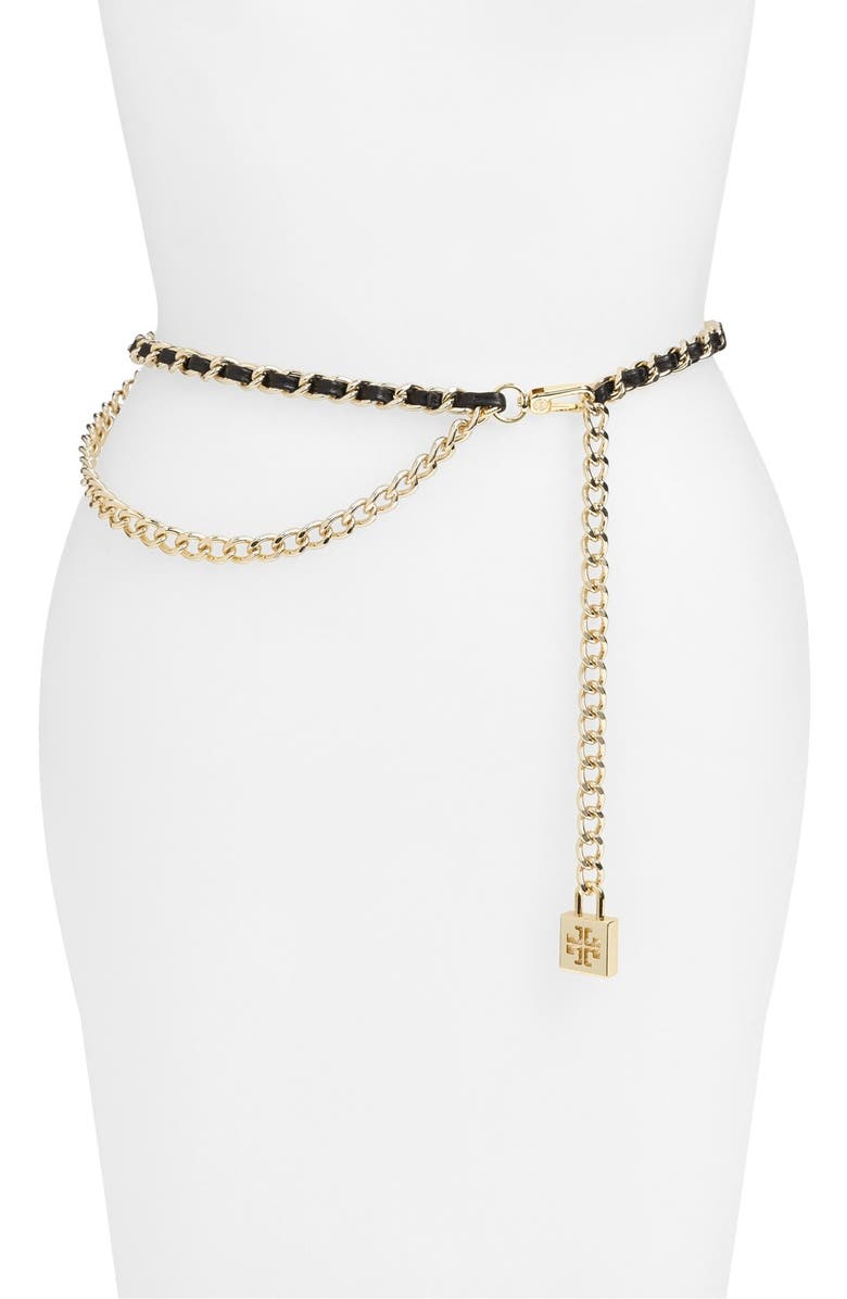 Tory Burch Leather & Chain Belt, Main, color, 