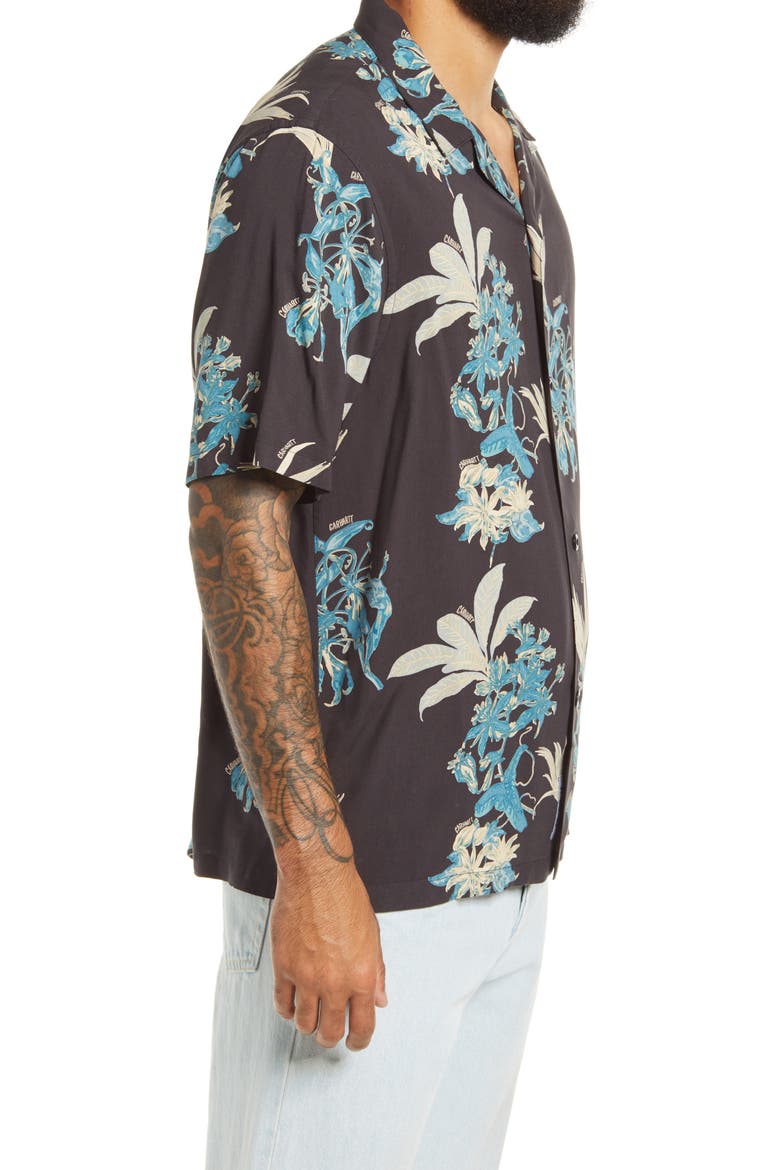 Floral Print Short Sleeve Camp Shirt, Alternate, color, HAWAIIAN FLORAL PRINT/ BLACK