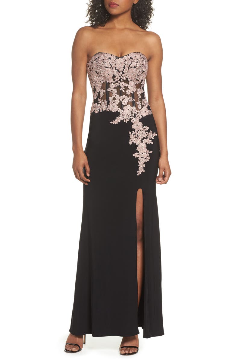 Blondie Nites Appliqué Strapless Bustier Gown, Main, color,