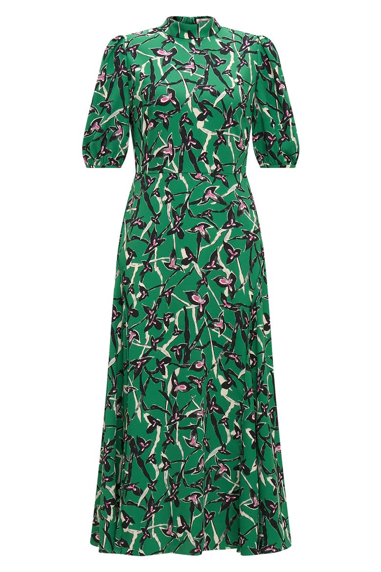 Nella Printed Mock Neck Midi Dress, Alternate, color, CLOVER TWIGS GREEN