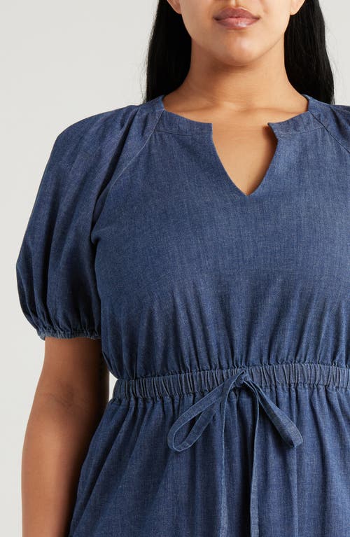 Anne Klein Petite Puff-sleeve Tiered Denim Midi Dress In Blue