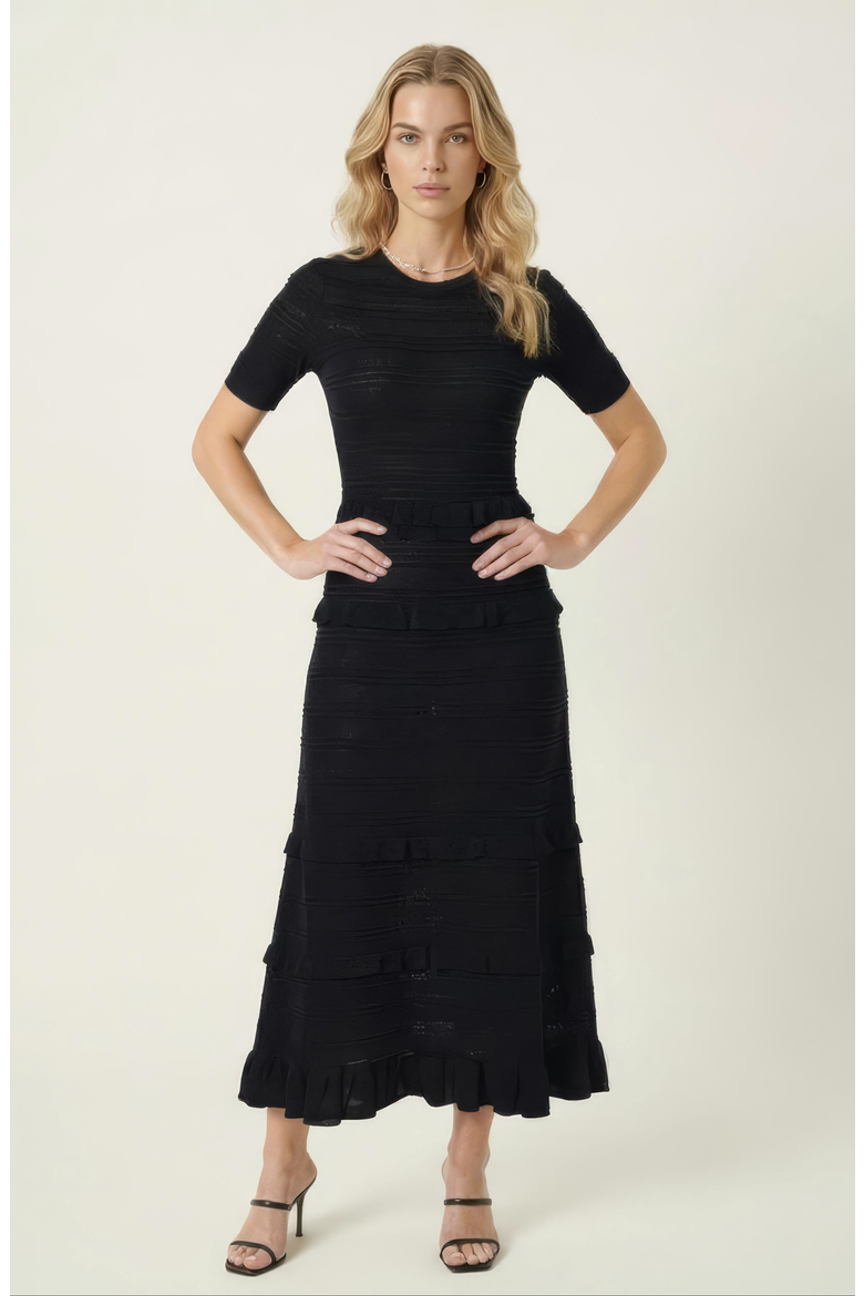 Textured Knit Midi Dress with Ruffle Trim, Alternate, color, Black