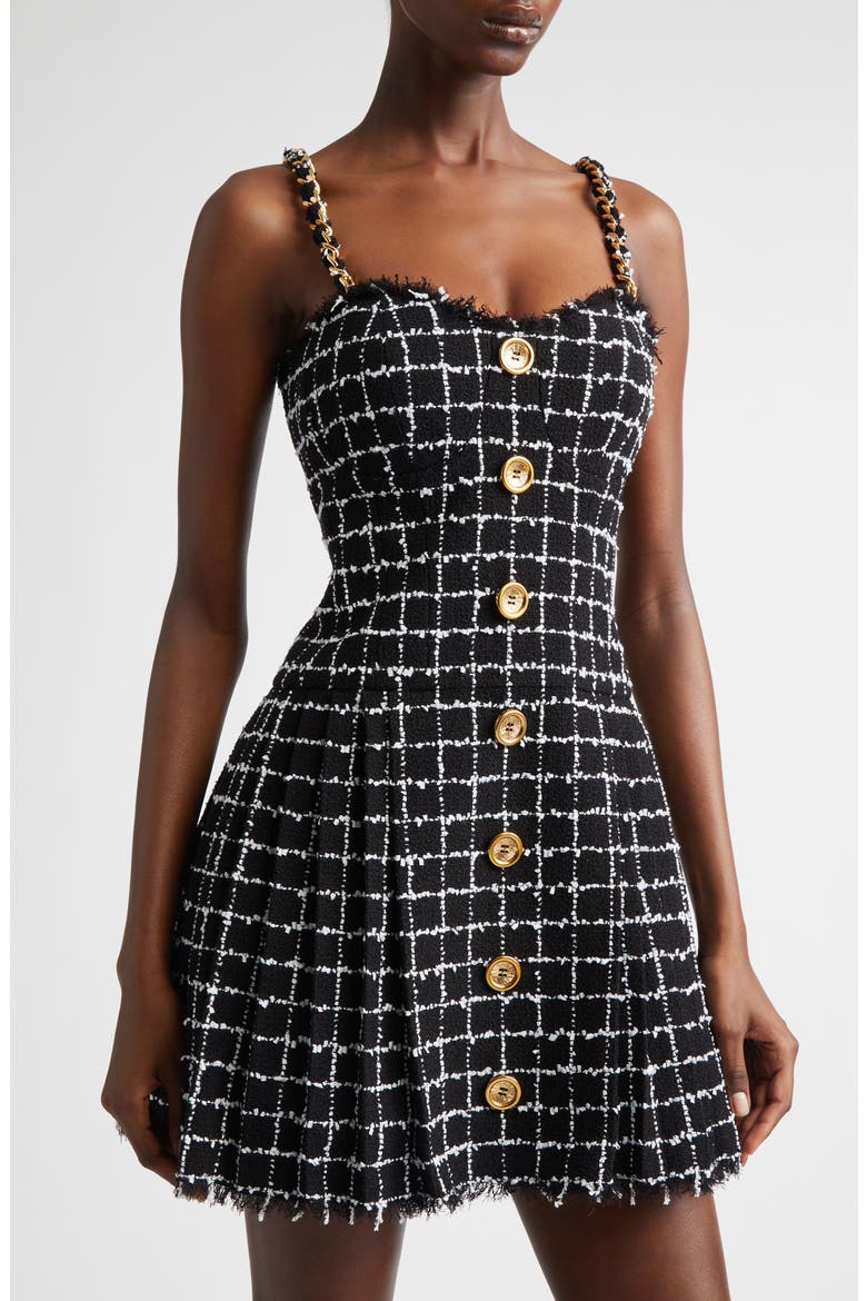 Chain Strap Check Tweed Fit & Flare Minidress, Alternate, color, EAB BLK/ WHITE
