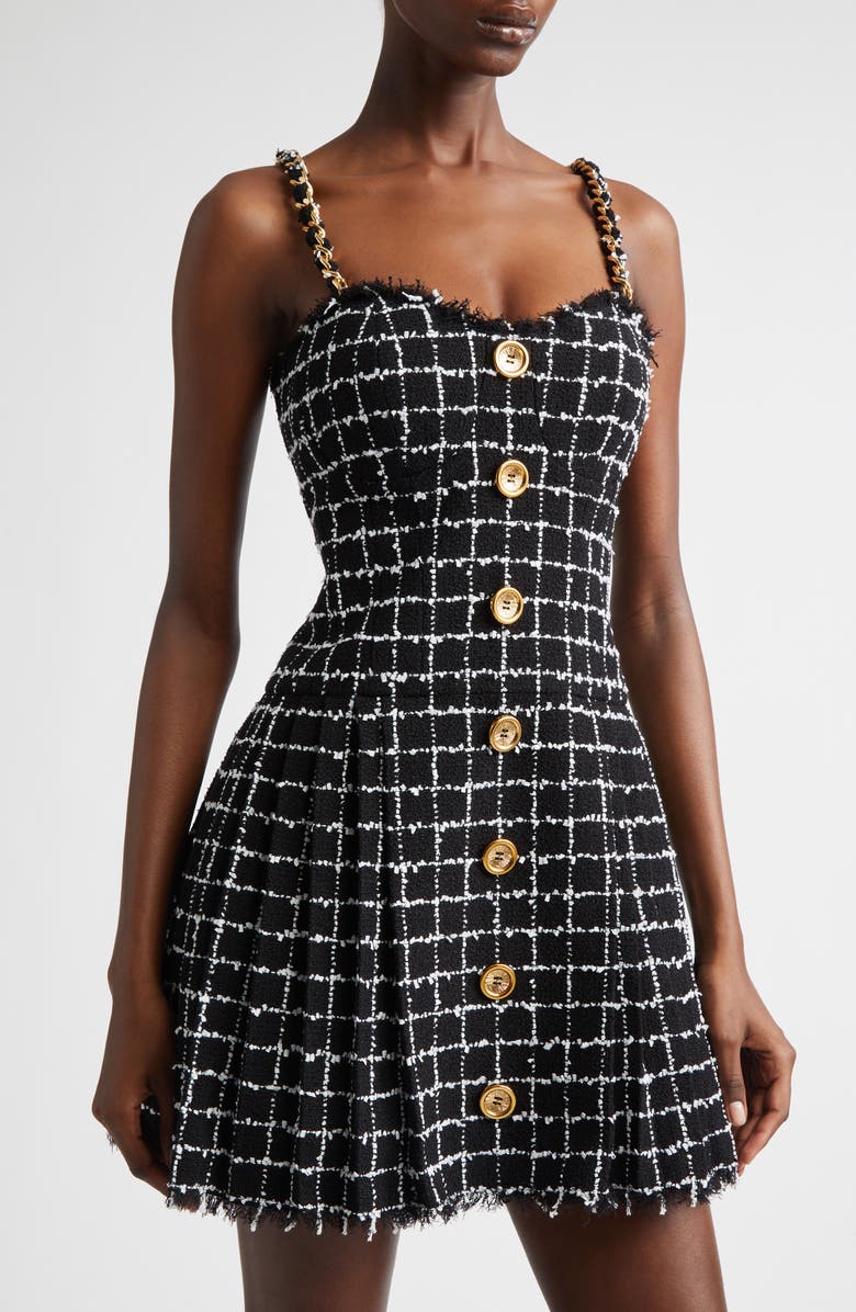 Balmain Chain Strap Check Tweed Fit & Flare Minidress, Alternate, color, Eab Blk/ White