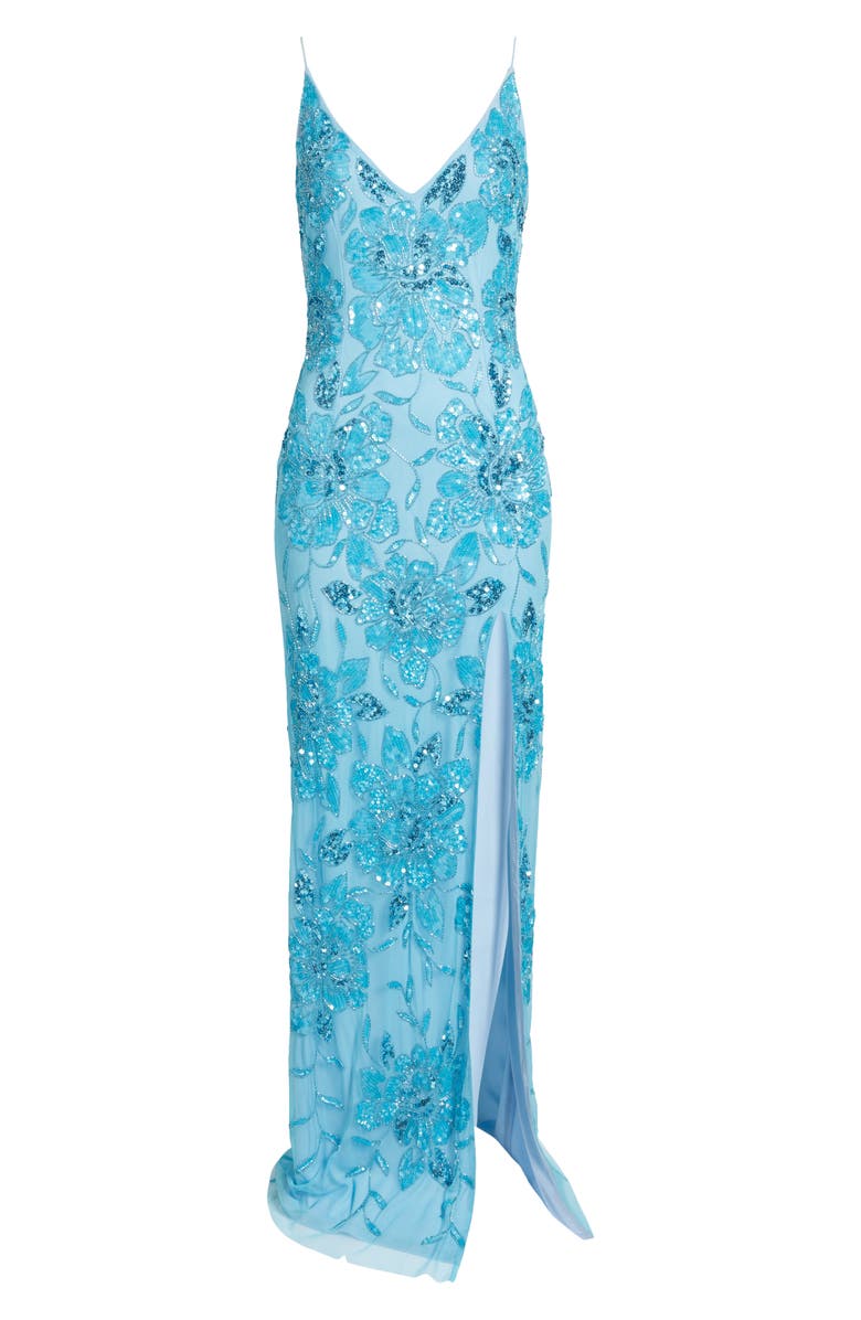Jump Apparel Beaded Sequin Sleeveless Gown, Alternate, color, Turquoise