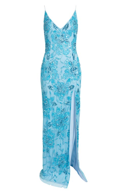 Jump Apparel Beaded Sequin Sleeveless Gown In Turquoise