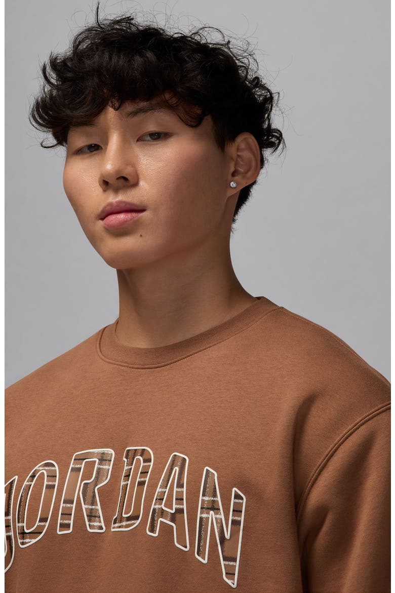 Essentials Plaid Logo Fleece Crewneck Sweatshirt, Alternate, color, ACORN BROWN/ SAIL