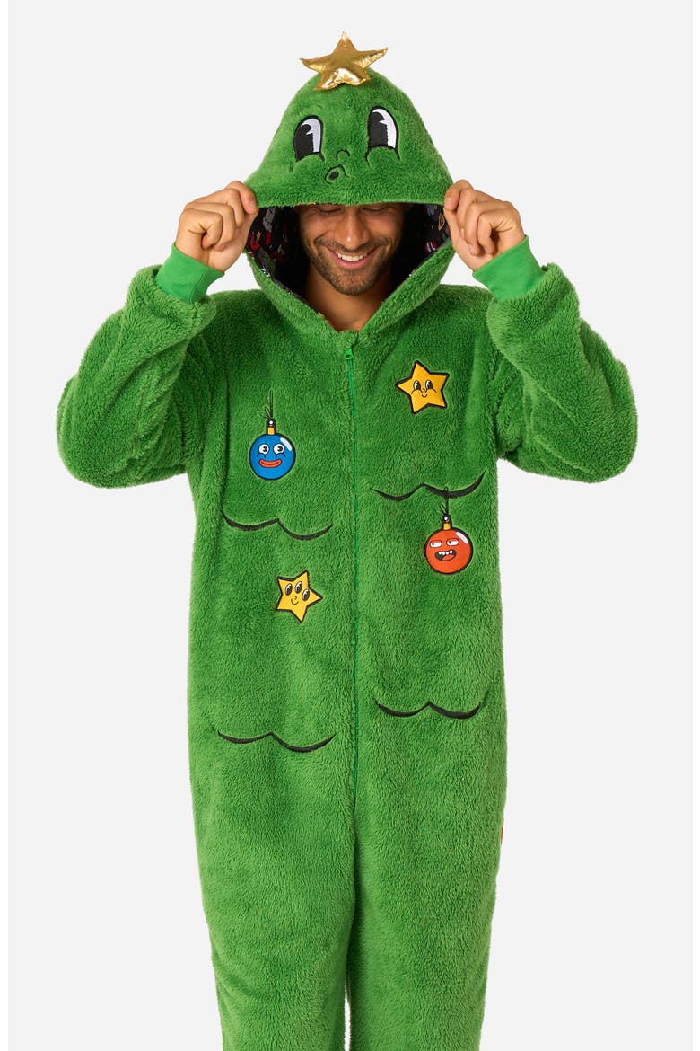 Merry Jinglejoy Hooded Fleece Jumpsuit, Alternate, color, GREEN