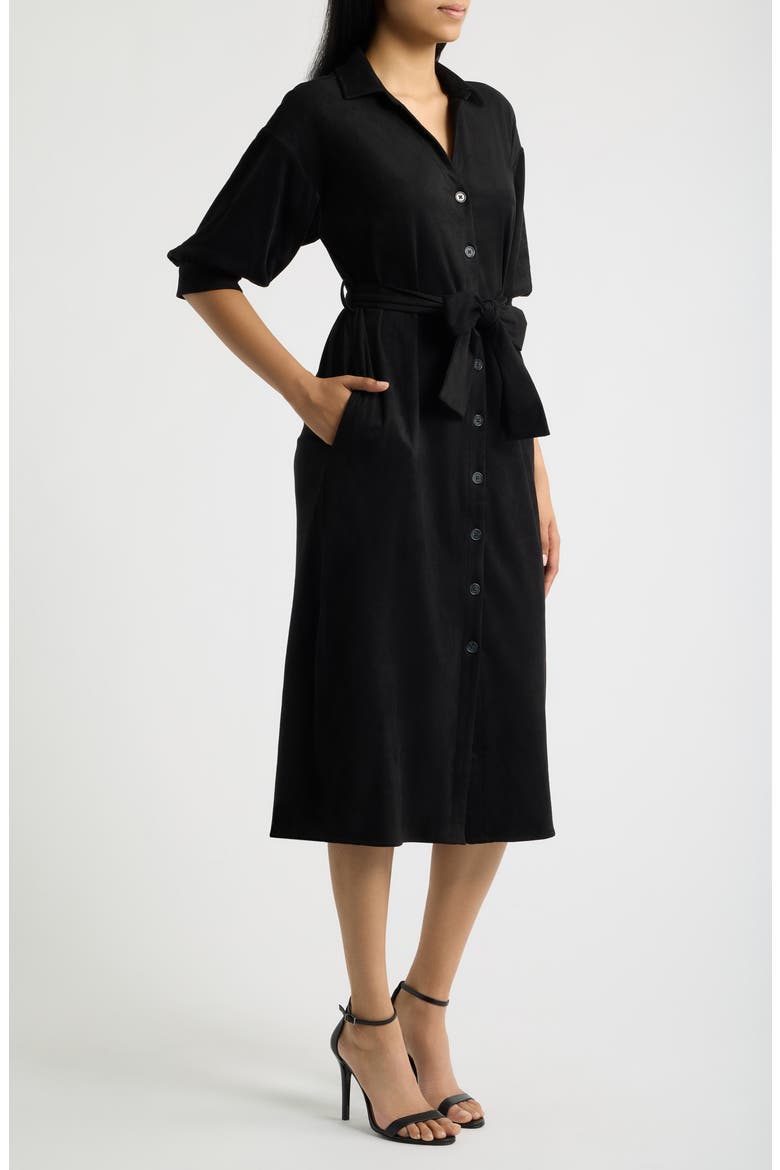 Puff Sleeve Belted Shirtdress, Alternate, color, BLACK