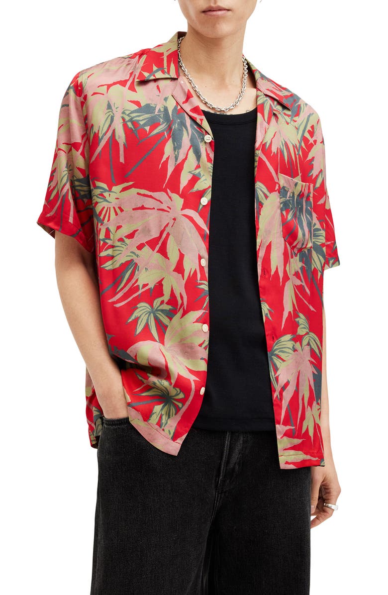 AllSaints Hudson Oversize Palm Tree Print Camp Shirt, Alternate, color, Scarlett Red